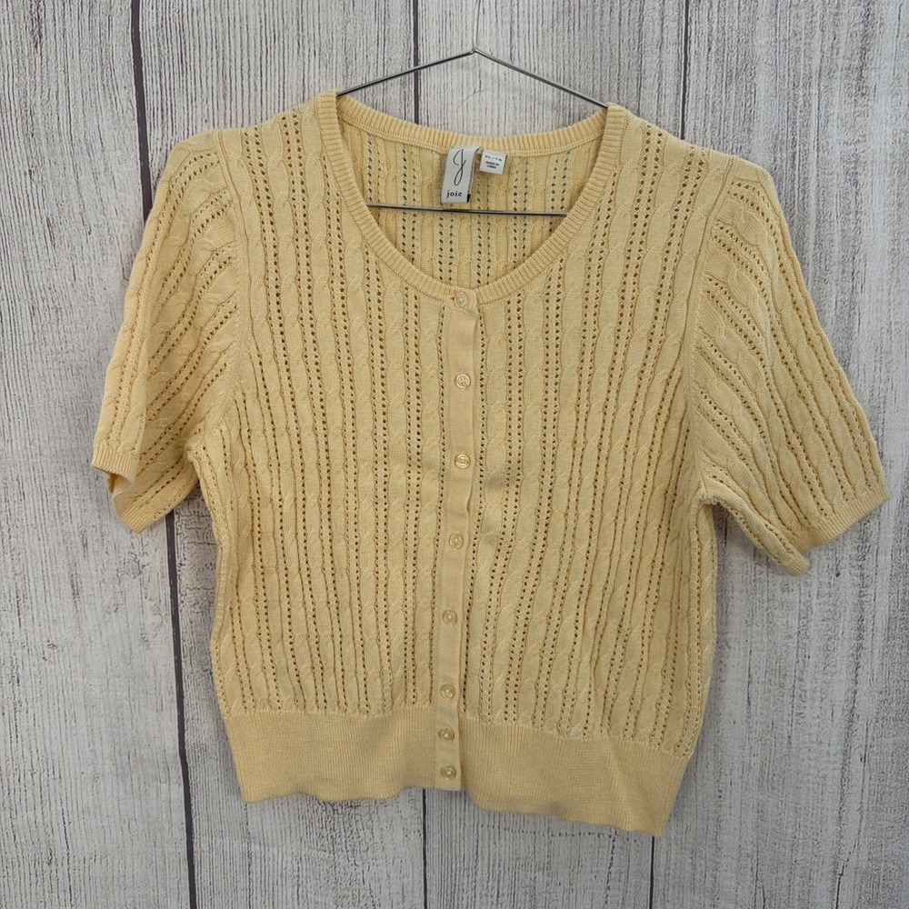 Joie Anthropologie Cardigan XL Pale Yellow Cable Knit Short Sleeve Feminine